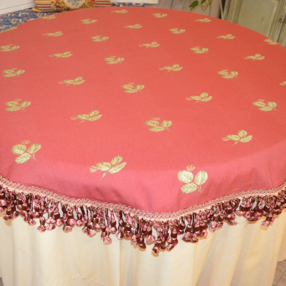 French Country Table Cover, Lined, 53 Inches Diameter, Rare Fabric and Trim, New - Picture 8 of 11